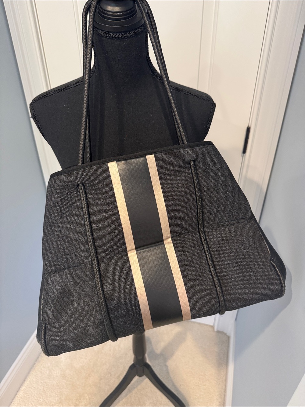 Black neoprene Tote Bag with Metallic Gold Stripes - Women haute shore new